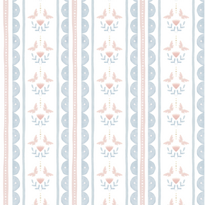 Papel de Parede Listras Ondinhas Flores e Borboletas