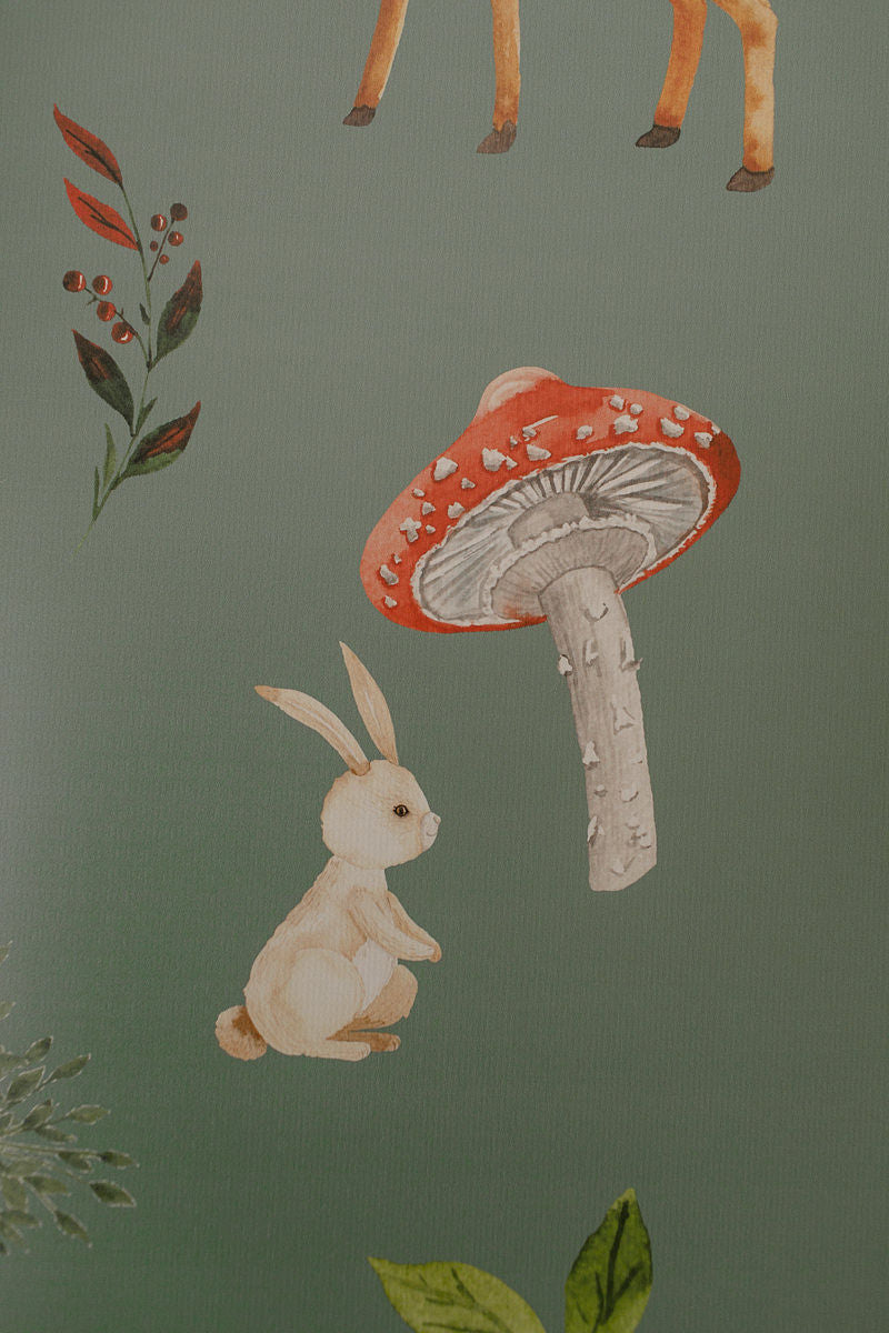 Papel de Parede Animais e Cogumelos do Bosque Retrô Estampa Exclusiva Coisas da Doris