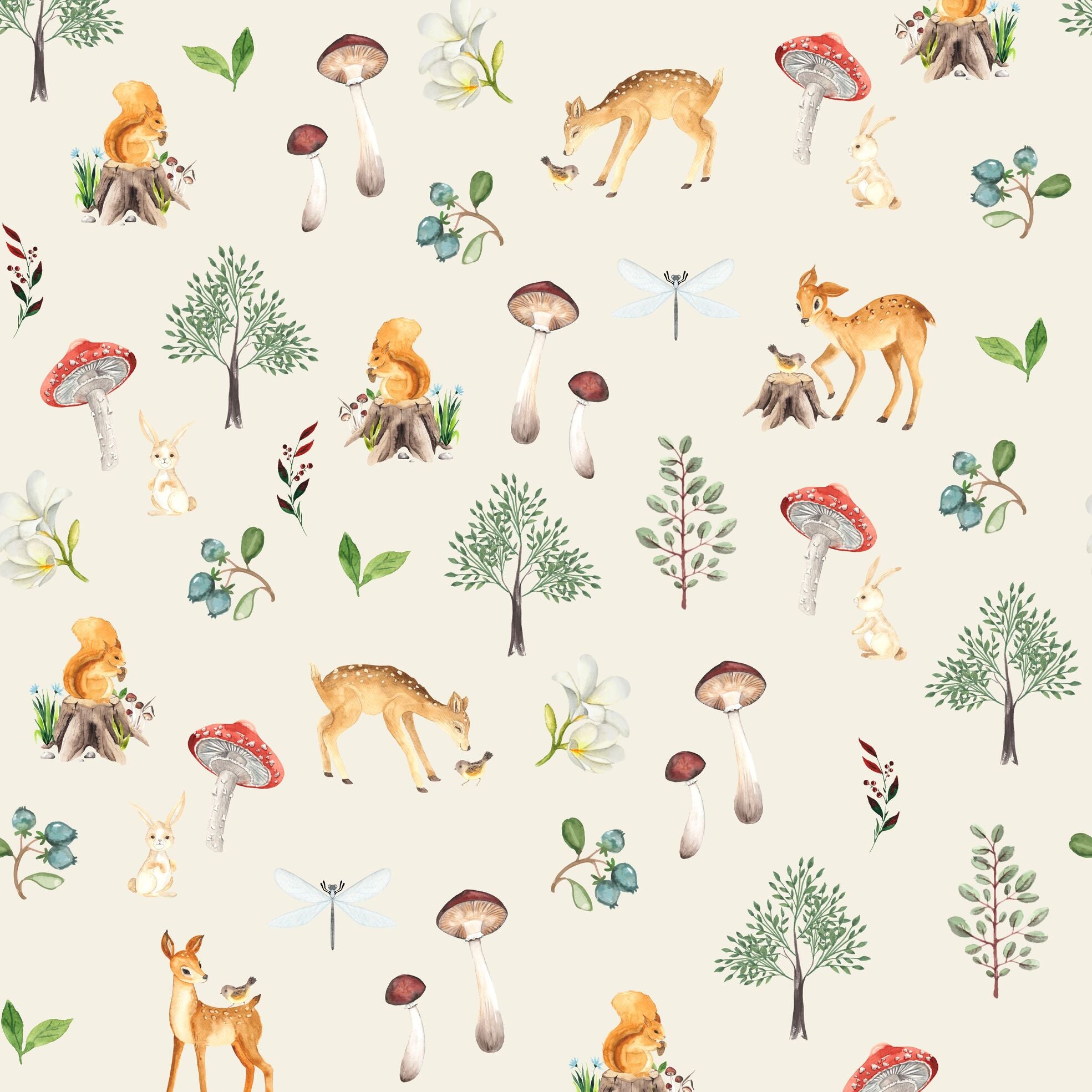 Papel de Parede Animais e Cogumelos do Bosque Retrô Estampa Exclusiva Coisas da Doris