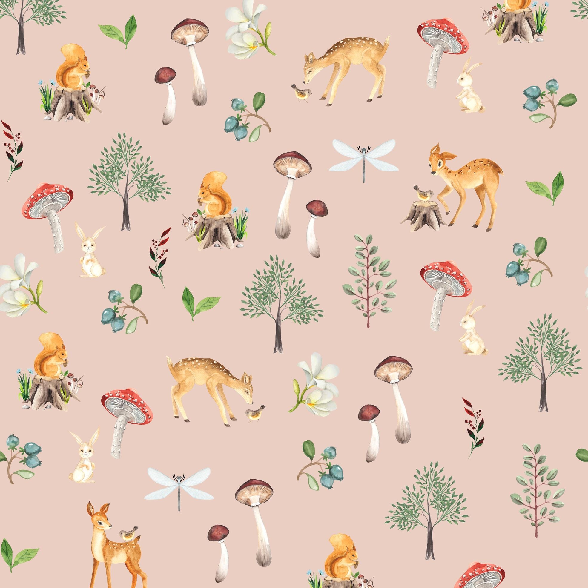 Papel de Parede Animais e Cogumelos do Bosque Retrô Estampa Exclusiva Coisas da Doris