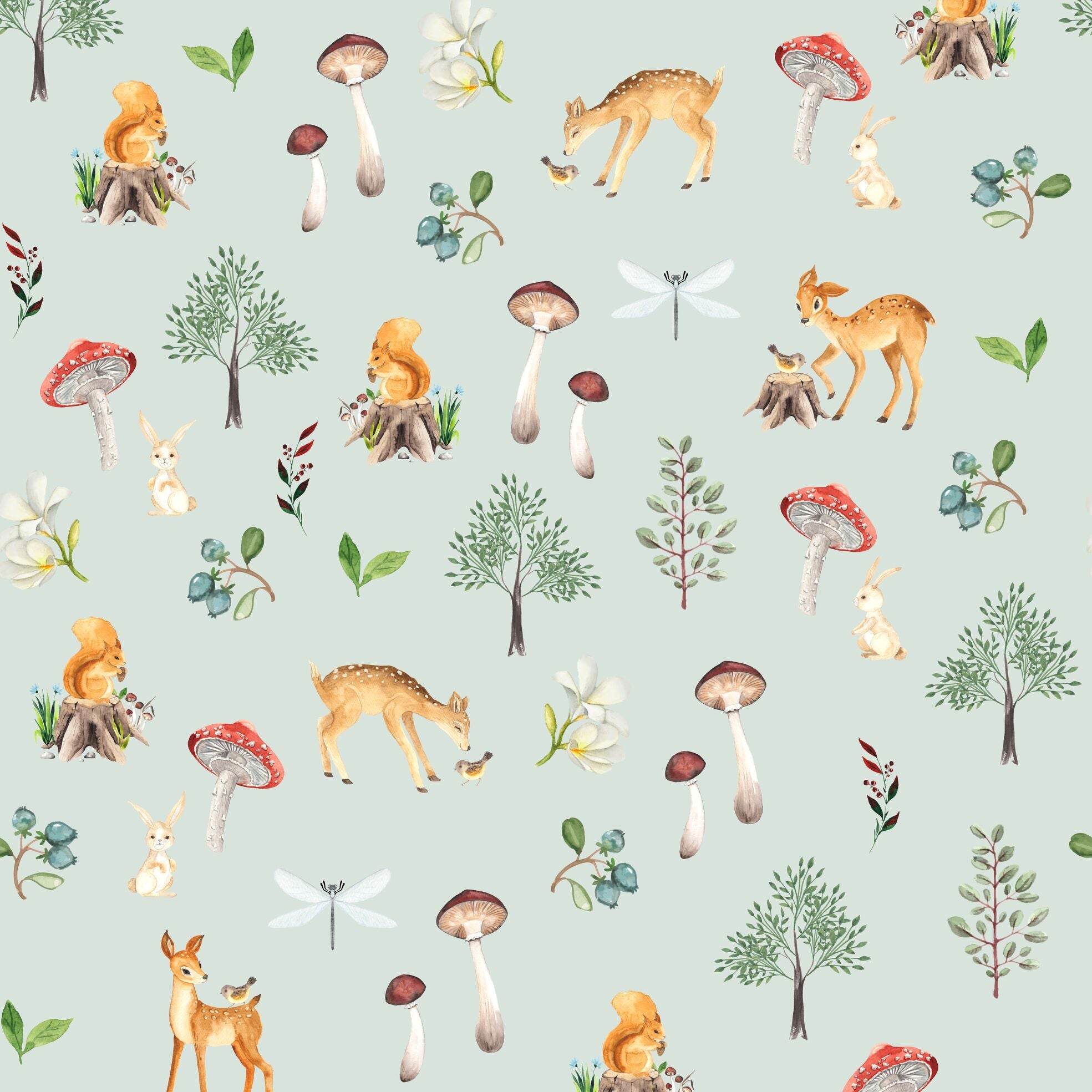Papel de Parede Animais e Cogumelos do Bosque Retrô Estampa Exclusiva Coisas da Doris