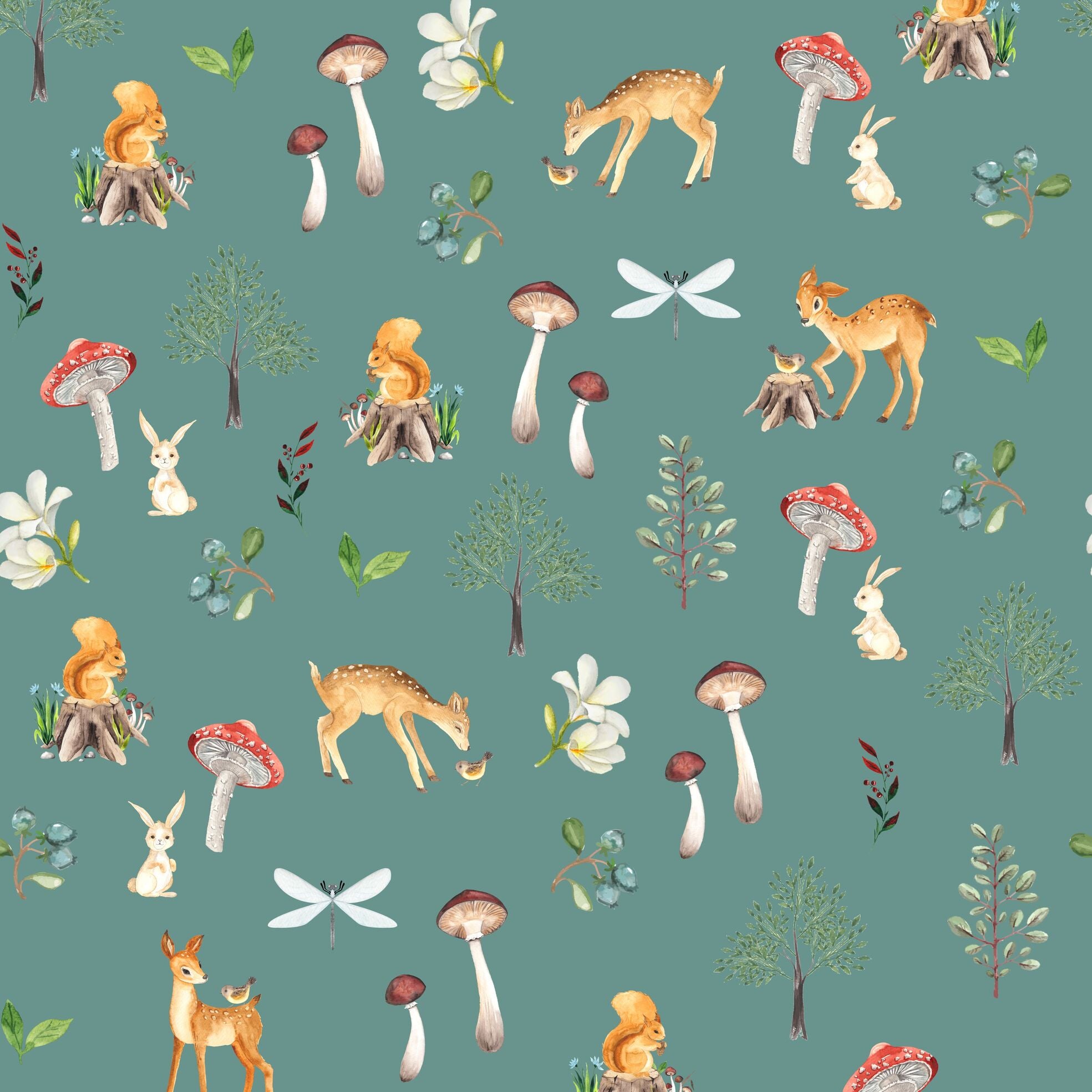 Papel de Parede Animais e Cogumelos do Bosque Retrô Estampa Exclusiva Coisas da Doris