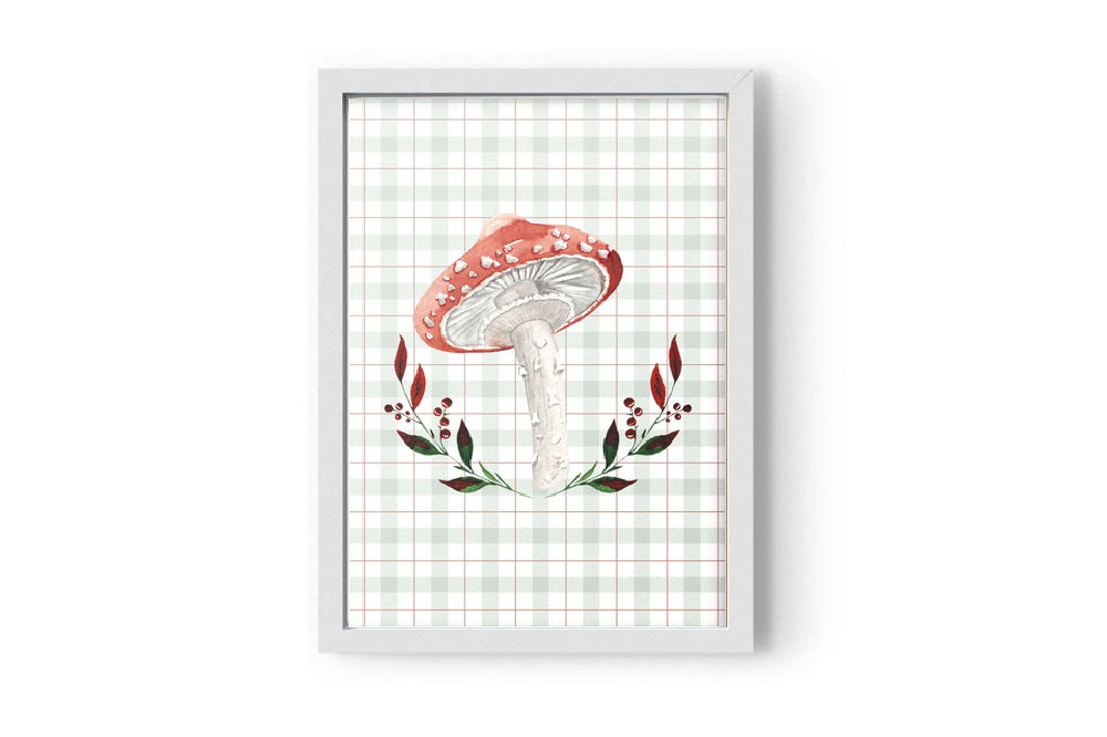 Quadro Bosque Cogumelo Xadrez Retrô