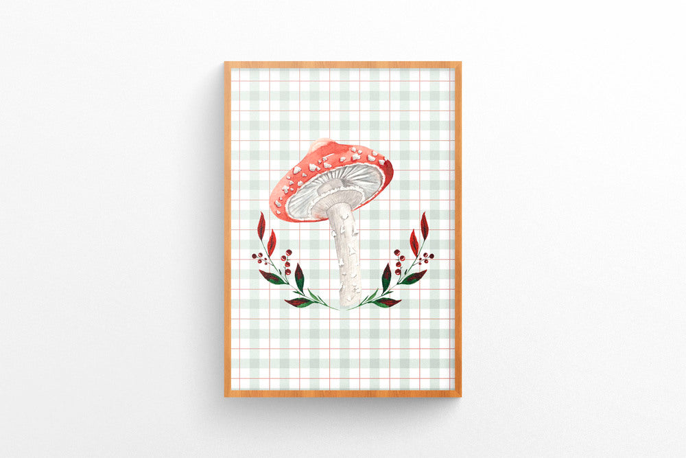 Quadro Bosque Cogumelo Xadrez Retrô